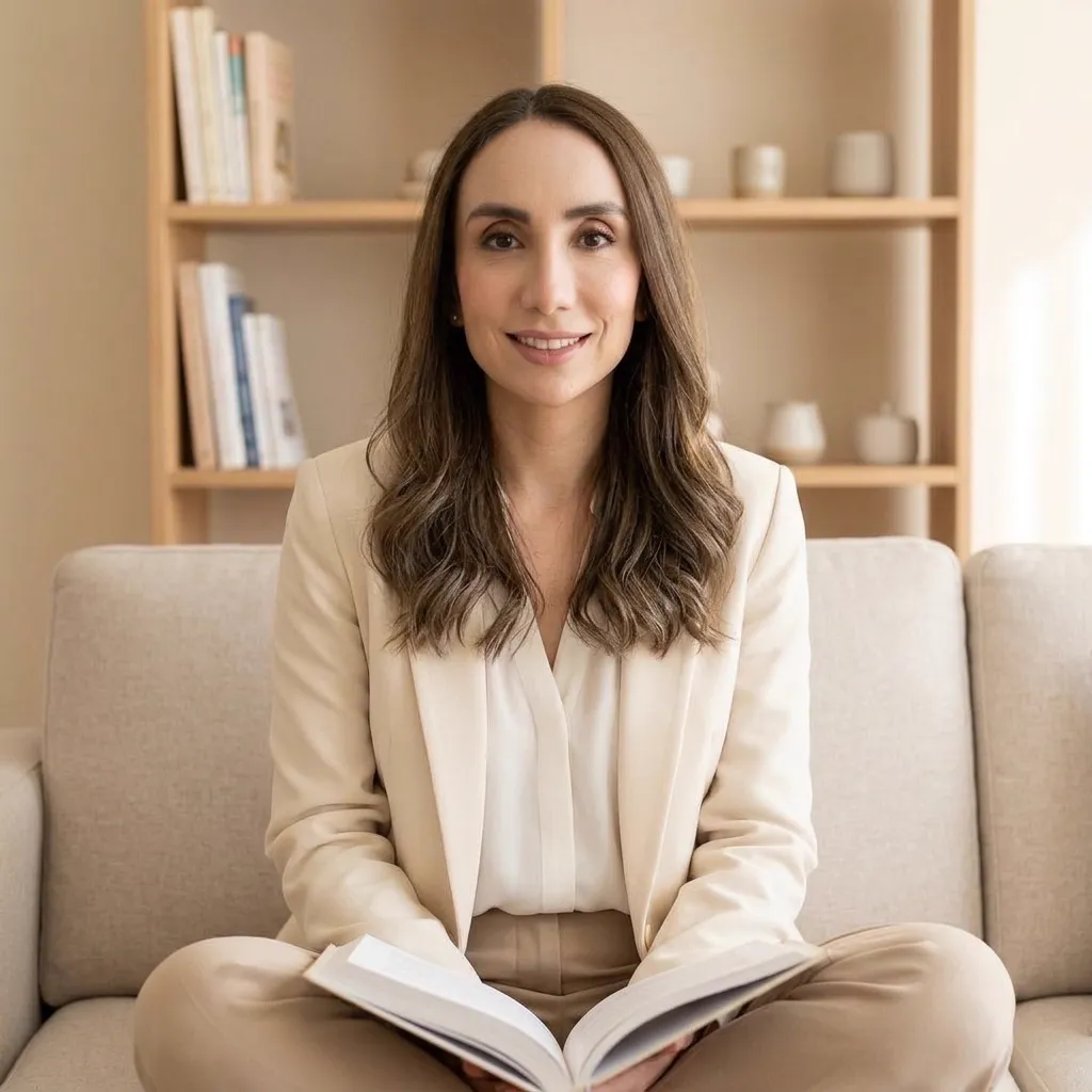 La Dra. Eva sentada con un libro en las manos, sonriendo durante una consulta.
