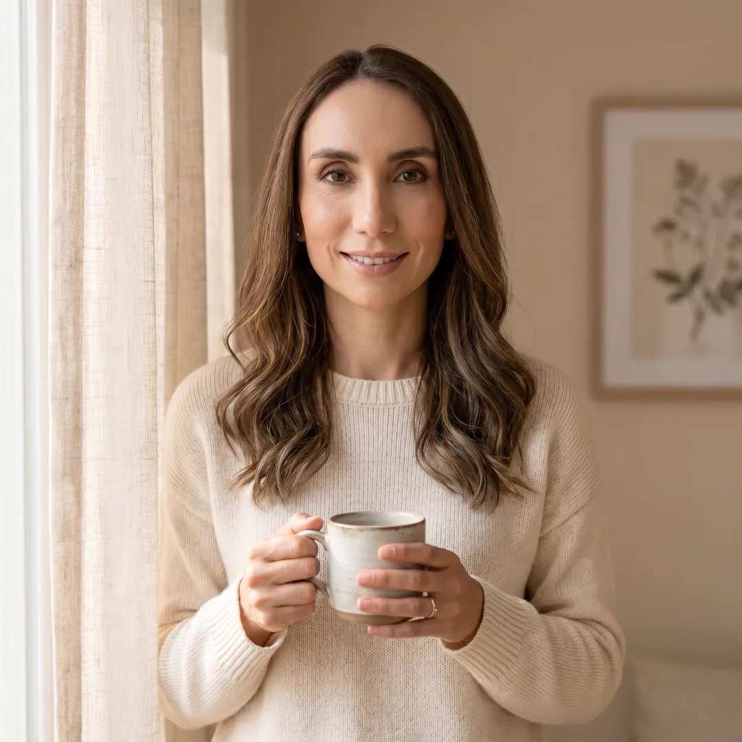 La Dra. Eva con una taza en las manos, junto a una ventana.