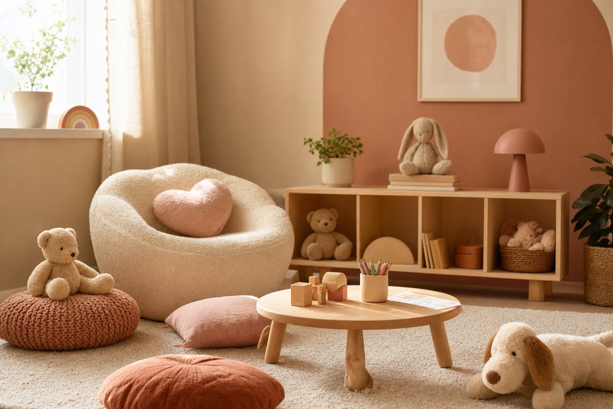 Espacio infantil cálido y seguro con juguetes en tonos suaves.
